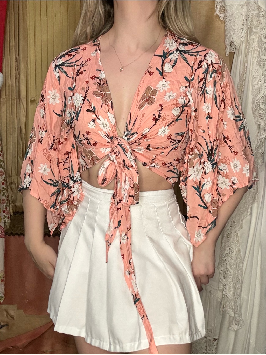 Peach Floral Tie-Front Blouse With Flutter Sleeves